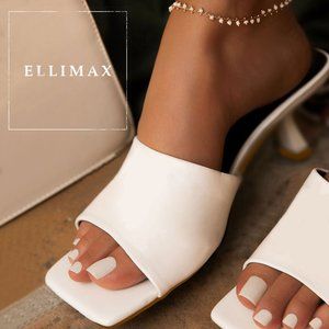 NEW🔥 White Square Open Toe Slide Sandal Mules Kitten Stiletto Heel Slip-On Shoe